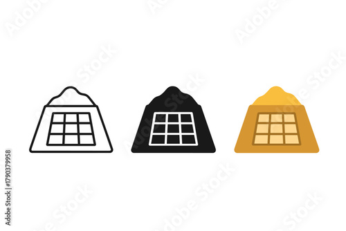 Minimalist Dig Site Icons. Minimalist dig site icon: three identical excavation site with grid icons in a row, first in line style