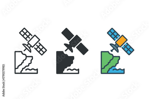 Satellite Icon Styles. Minimalist satellite imagery icon: three identical satellite with coastal map icons in a row, first in line