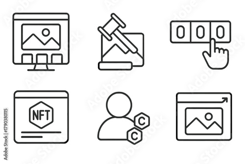 NFT Marketplace Icons. Line style icons of NFT photography marketplaces: online gallery screen, auction hammer over photo, bid