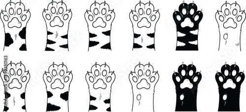Cute cat paw print vector collection, black and white kitten foot illustration, animal footprint icons, cartoon pet design set