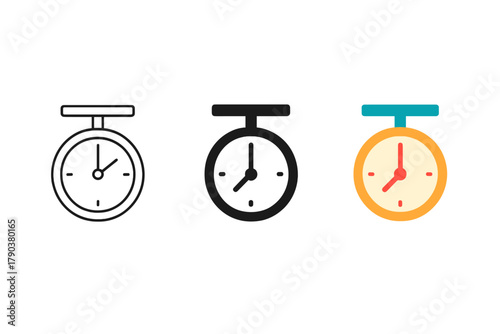 Minimalist Clock Icons. Minimalist clock icon: three identical station clock icons in a row, first in line style with thin outline