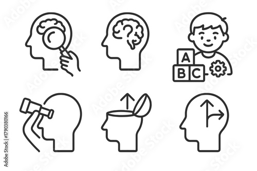 Curiosity Icons. Line style icons of curiosity and exploration: exploring brain lightbulb, question mark in brain, learning