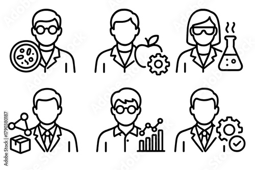 Team Role Icons. Line style icons of cross-disciplinary team roles: microbiologist icon, food engineer, flavor chemist, supply
