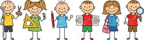 Cute cartoon school children with study tools, learning activity illustration, happy kids education concept, colorful classroom design, back to school