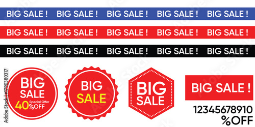Big Sale Banners and Discount Labels Collection: Vector Set of Promotional Ribbons, Circular Badges, and Special Offer Stickers for Retail Marketing and E-commerce