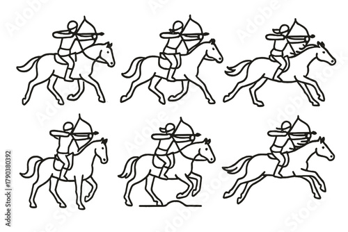 Horse Movement Icons. Line style icons of horse movement during archery: slow trot rhythm, smooth canter loop, full gallop surge,