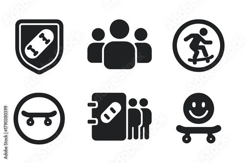 Skateboarding Culture Icons. Solid style icons of ashboarding culture elements: patch badge glyph, community icon, sticker badge.