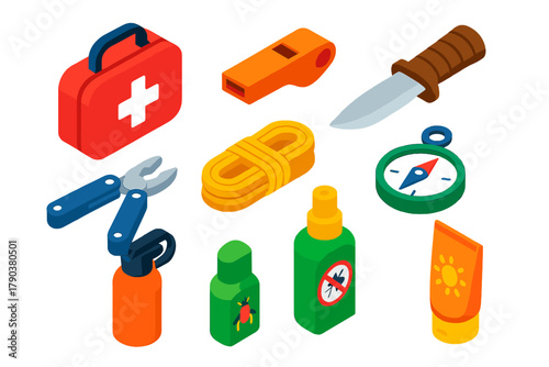Camping Essentials Icons. Isometric vector illustration set Camping essentials – first aid kit, emergency whistle, survival knife;
