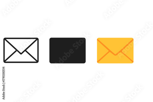 Minimalist Mail Icons. Minimalist closed mail icon: three identical closed letter envelopes in a row, first in line style with