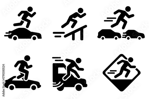 High-Speed Icons. Solid style icons of high-speed interaction: sprint on speeding car, catch rail icon, leap between fast vehicles