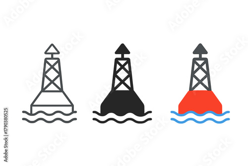 Warning Buoy Variations. Minimalist warning buoy icon: three identical navigation buoys in a row, first in line style with thin