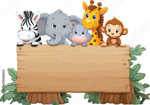 Cute cartoon jungle animals, zebra, elephant, hippo, giraffe, monkey on wooden signboard, tropical forest background, adorable wildlife illustration for kids