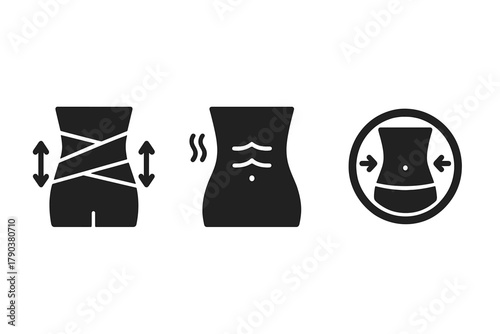 Abdominal Shaping Icons. Solid style icons of abdominal shaping modes: belly wrap icon, stomach tone glyph, waist reduction badge.