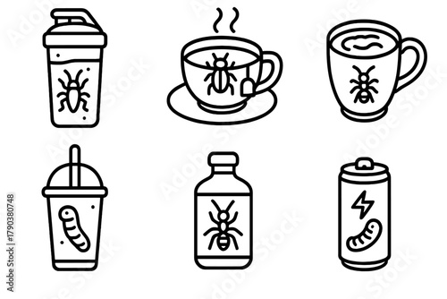 Insect Drink Icons. Line style icons of insect-based drinks: cricket protein shake, bug-infused tea, insect latte, silkworm