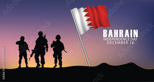 Silhouette soldiers salute with Bahrain flag for national independence day celebration