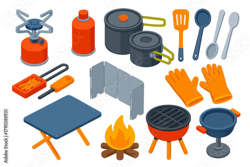 Camping Essentials Icons. Isometric vector illustration set Camping essentials – camp stove, fuel canister, cookware set; cooking