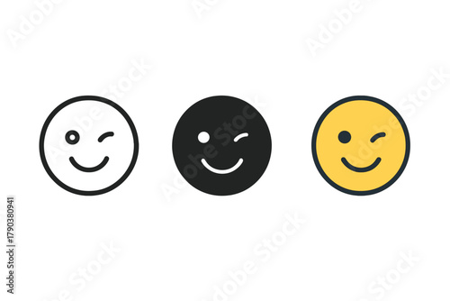 Winking Face Trio. Minimalist wink icon: three identical faces with one eye winking in a row, first in line style with thin