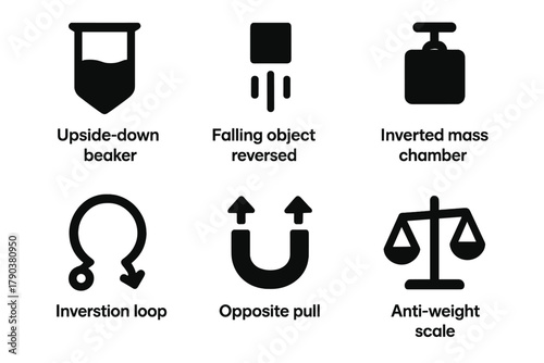 Inverse Gravity Icons. Solid style icons of inverse gravitational experiments: upside-down beaker, falling object reversed,