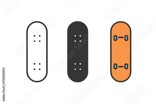 Skateboard Deck Styles. Minimalist skateboard deck icon: three identical skateboard decks in a row, first in line style with thin