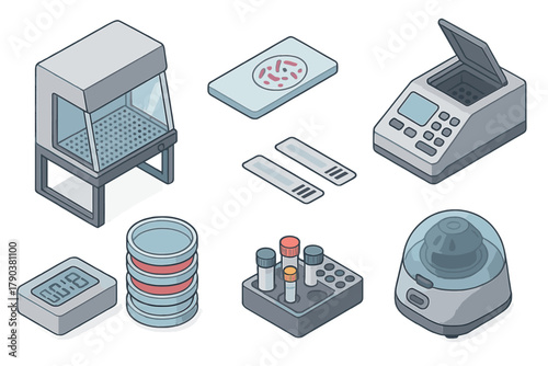Microbiology Lab Equipment. Isometric vector illustration set of Microbiology lab: laminar flow hood, bacterial smear slide,
