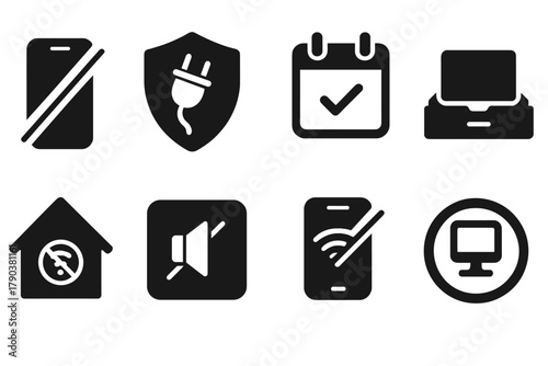 Digital Detox Icons. Solid style icons of digital detox programs: phone crossed-out icon, unplug retreat badge, offline day chart.