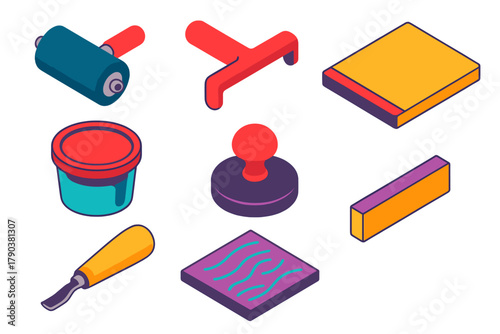 Bold Printmaking Tools. Isometric vector illustration set Art supplies – printmaking brayer, ink roller, brayer handle; printing