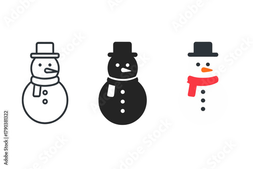Minimalist Snowman Trio. Minimalist snowman icon: three identical snowmen with carrot nose and scarf in a row, first in line style
