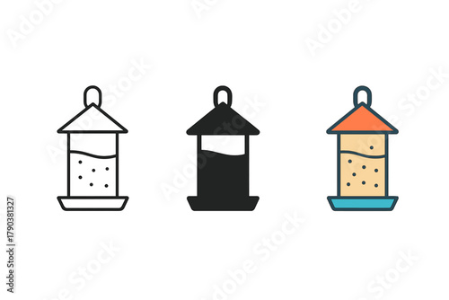 Minimalist Bird Feeder Icon. Minimalist bird feeder icon: three identical hanging bird feeders in a row, first in line style with