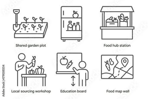 Neighborhood Food Icons. Line style icons of neighborhood food initiatives: shared garden plot, community fridge, food hub station