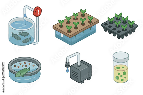 Isometric Aquaponics Systems. Isometric vector illustration set of Aquaponics systems: water flow chart, tank overflow alarm,