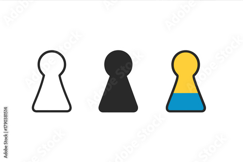 Game Token Trio. Minimalist token icon: three identical game tokens icons in a row, first in line style with thin outline, second