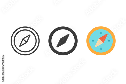Minimalist Compass Icons. Minimalist compass icon: three identical compass icons in a row, first in line style with thin outline,