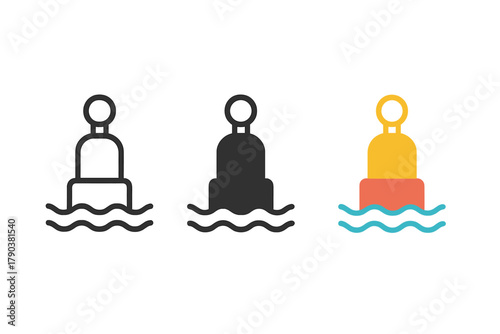 Minimalist Buoy Trio. Minimalist buoy icon: three identical floating buoys with round tops in a row, first in line style with thin