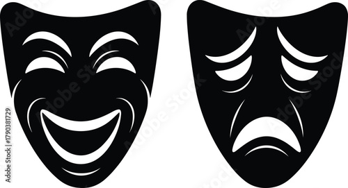 Comedy and tragedy theater masks, drama performance symbol, acting expression, classic theater art illustration, emotional contrast concept, stage icon design