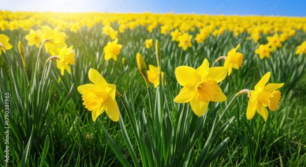 Fototapeta premium A vast field filled with vibrant yellow daffodil flowers in bloom under a bright blue sky. The daffodils are arranged in rows, creating a beautiful and cheerful spring landscape.