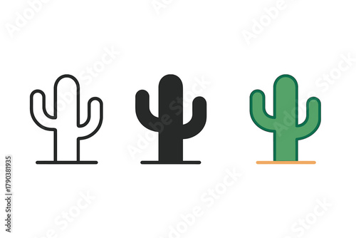 Minimalist Cacti Icons. Minimalist cacti icon: three identical desert cactus icons in a row, first in line style with thin outline