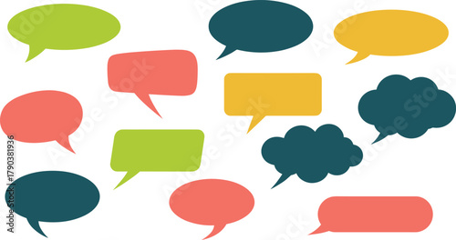 Colorful speech bubbles vector illustration set, modern chat icons collection, communication design elements, blank dialogue shapes for message background