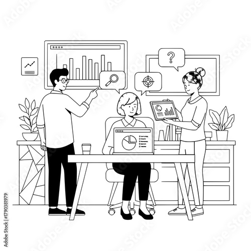 Diverse professional colleagues analyze business data and plan strategy within a modern office workspace with computers and charts facilitating teamwork