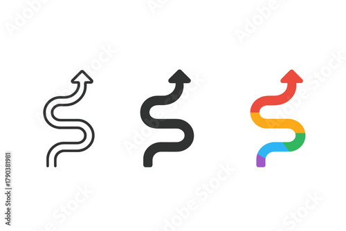 Minimalist Rainbow Paths. Minimalist rainbow path icon: three identical winding rainbow paths in a row, first in line style with