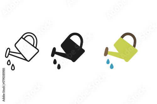 Minimalist Watering Can Icons. Minimalist watering can icon: three identical watering cans tilted with water drops falling in a