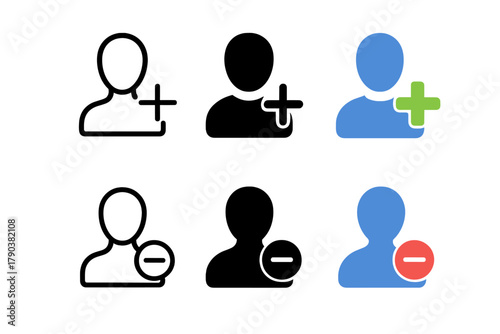User Icon Variations. Linear minimalistic add user icon: person outline with plus sign, uniform line thickness, no fill, Solid add