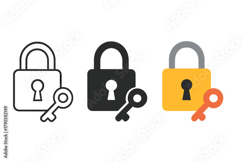 Padlock Styles Display. Minimalist lock with key icon: three identical padlocks with a key placed next to each in a row, first in