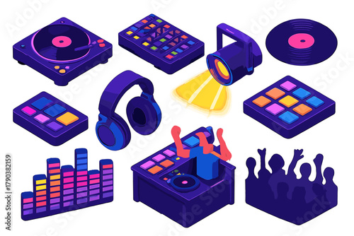 Vibrant Music Icons. Isometric vector illustration set Musical genres – turntable, mixer console, vinyl record; studio headphones,