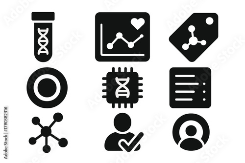 Nutrigenomic Biomarkers Icons. Solid style icons of nutrigenomic biomarkers: blood test icon with gene, health indicator chart,