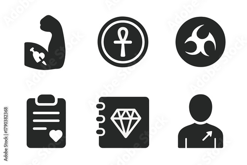 Tattoo Symbolism Icons. Solid style icons of tattoo symbolism: inked arm icon, ancient glyph badge, tribal ring. Personal meaning