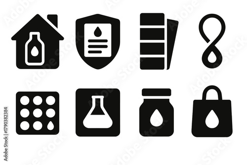 DIY Dye Kit Icons. Solid style icons of DIY mood dye kits: home bottle icon, instruction patch badge, swatch panel. Personal dye