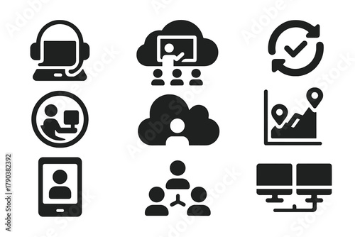 Hybrid Learning Icons. Solid style icons of hybrid silent learning setups: laptop + headset glyph, cloud class icon, sync badge.