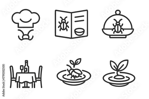 Gourmet Insect Cuisine Icons. Line style icons of restaurant elements: insect chef hat, bug cuisine menu, tasting plate, upscale