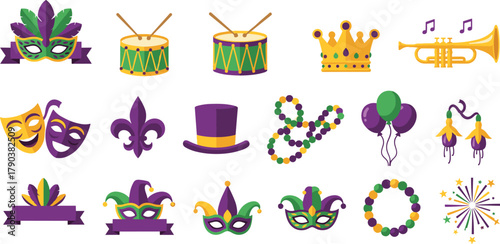 Colorful Mardi Gras celebration icons, carnival mask, drum, crown, trumpet, balloons, confetti, beads, festival design, New Orleans party illustration