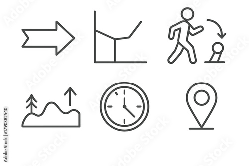 Ultra-Marathon Strategy Icons. Line style icons of ultra-marathon strategy: pacing plan arrow, negative split icon, walk-run
